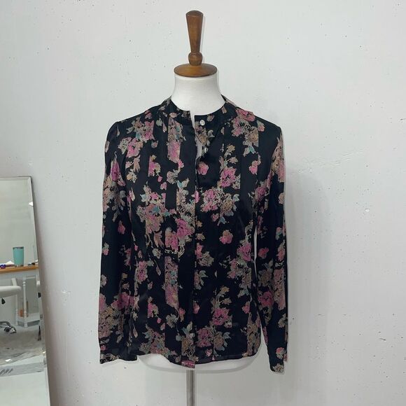 Vintage Black 100% silk pleated tailored floral button down blouse top medium 6 - Picture 2 of 12